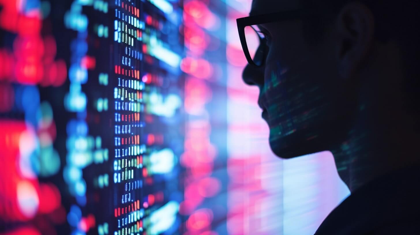 person in silhouette viewing colorful data on digital screens