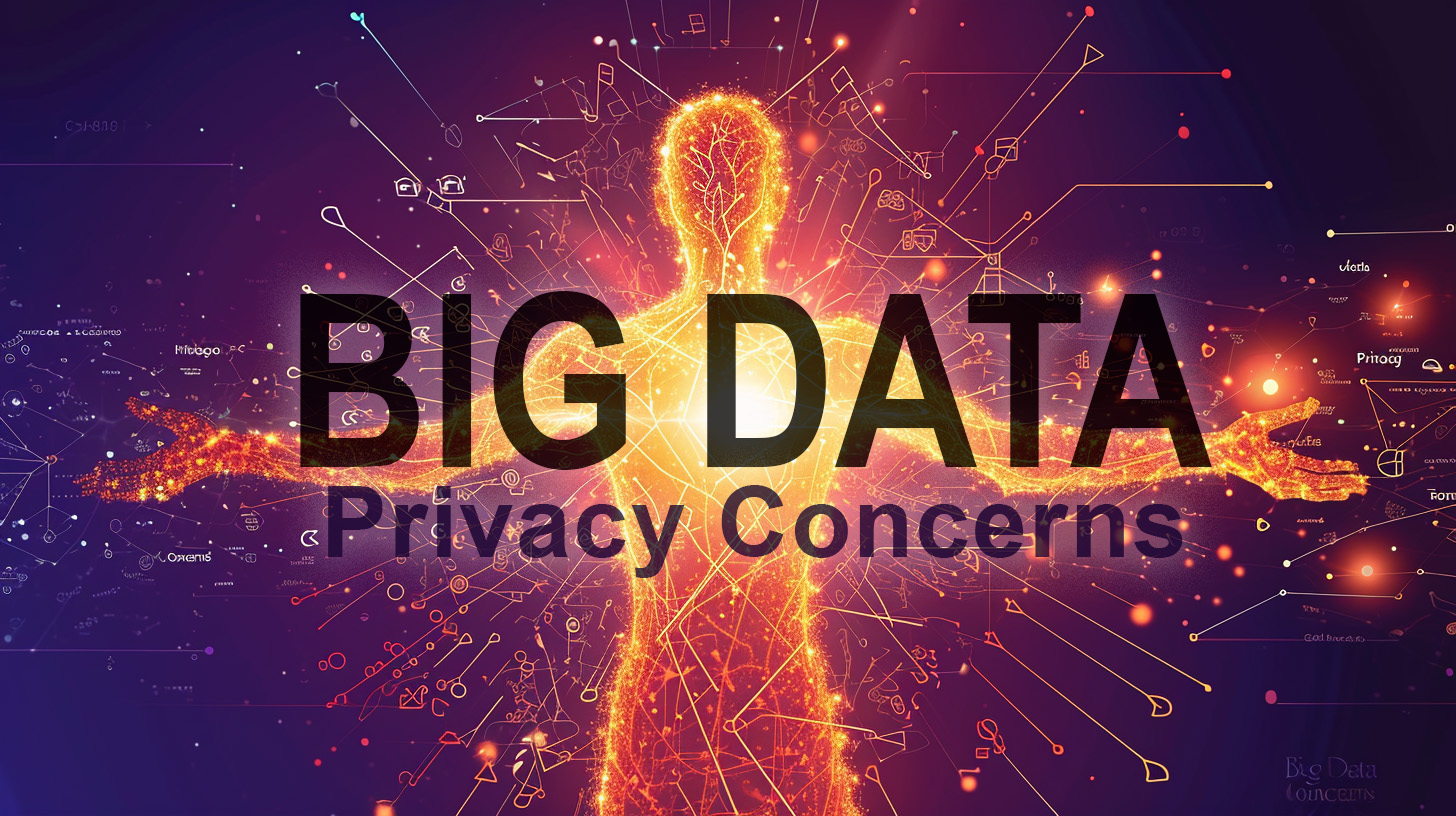 A boldly colored human silhouette made of intertwining digital networks and circuitry patterns, a metaphor for human identity and data persona. The vibrant orange and purple silhouette prominently stands in the center, arms outward stretching. In the background, grayed cyberwarning symbols subtly loom, representing privacy threats from data breaches and surveillance. Glowing light rays representing knowledge and innovation beam onto the human figure, while its stance confidently faces the danger signs. 