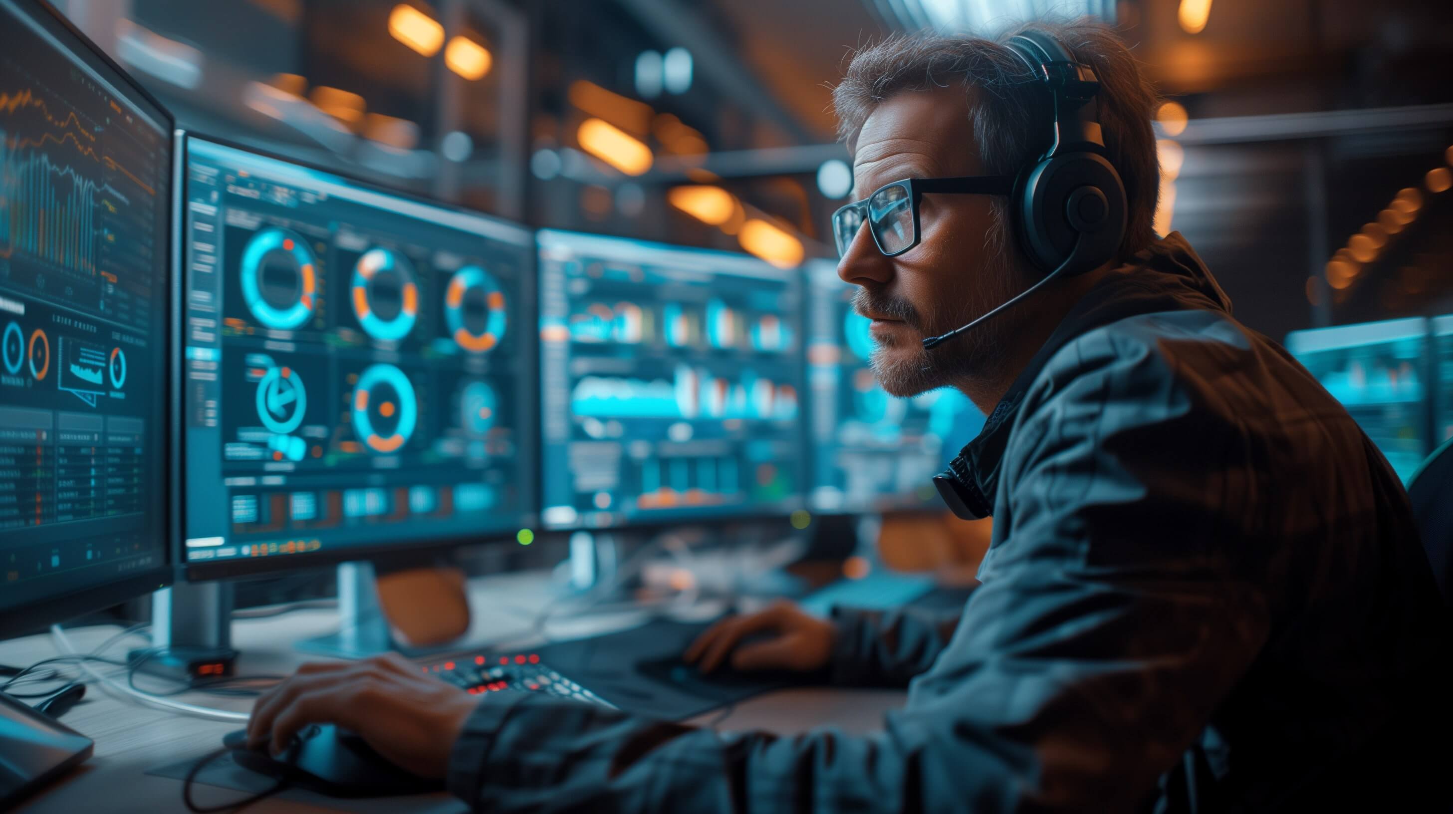 a professional cybersecurity analyst sitting at a desk in front of a computer with three monitors
