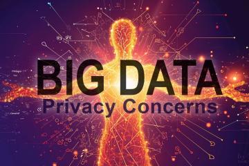 A boldly colored human silhouette made of intertwining digital networks and circuitry patterns, a metaphor for human identity and data persona. The vibrant orange and purple silhouette prominently stands in the center, arms outward stretching. In the background, grayed cyberwarning symbols subtly loom, representing privacy threats from data breaches and surveillance. Glowing light rays representing knowledge and innovation beam onto the human figure, while its stance confidently faces the danger signs. 