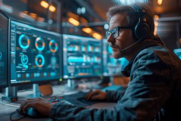 a professional cybersecurity analyst sitting at a desk in front of a computer with three monitors
