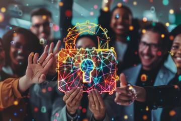 Group of diverse employees holding up interconnected puzzle pieces that form a giant lock symbol, representing collaboration in cybersecurity